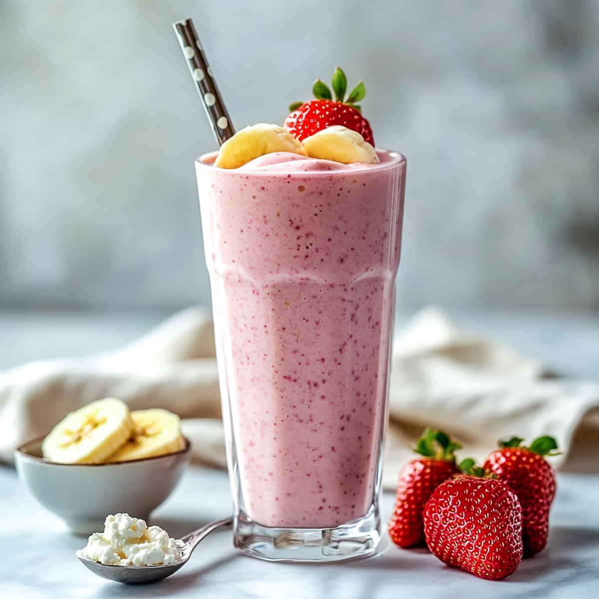 Side view of a tall glass of smoothie.