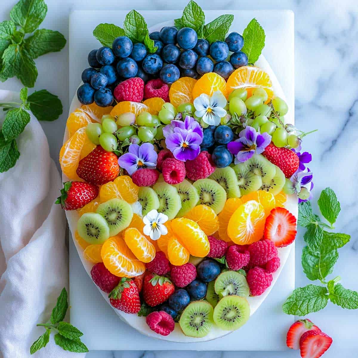 Easter fruit board placed on a marble surface.