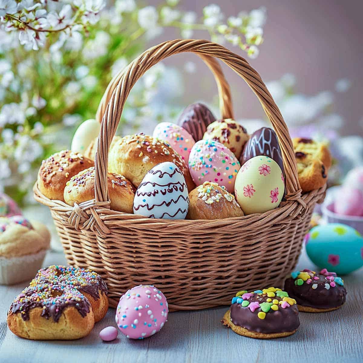 Easter chocolates and cookies in a basket.