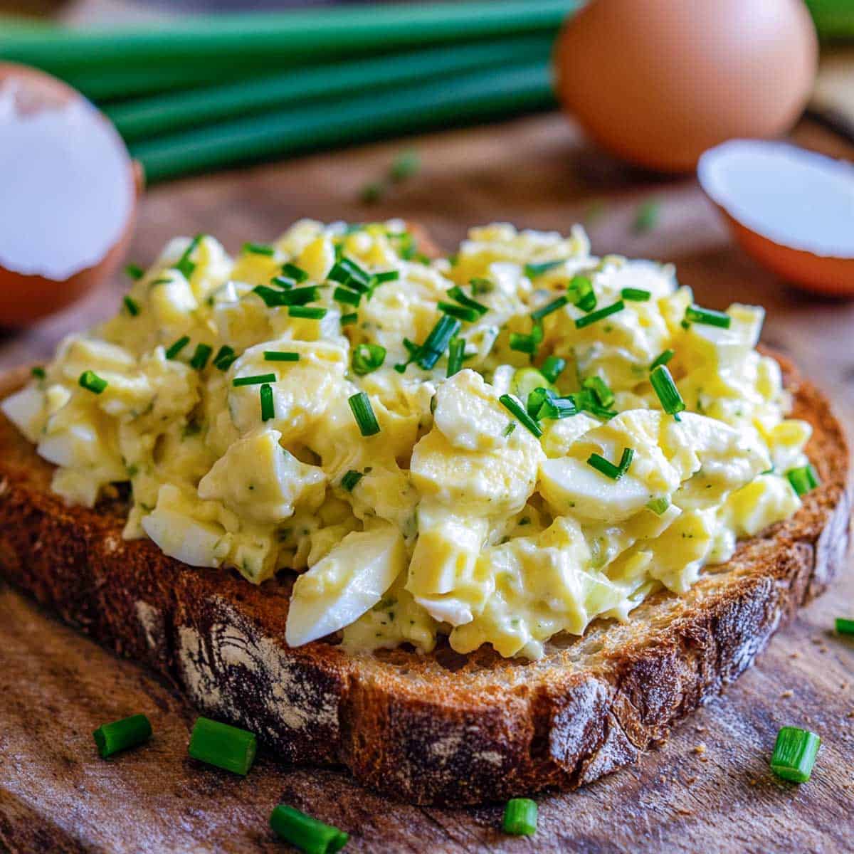 Side view of egg salad spread on toasted bread and placed on a wooden board.