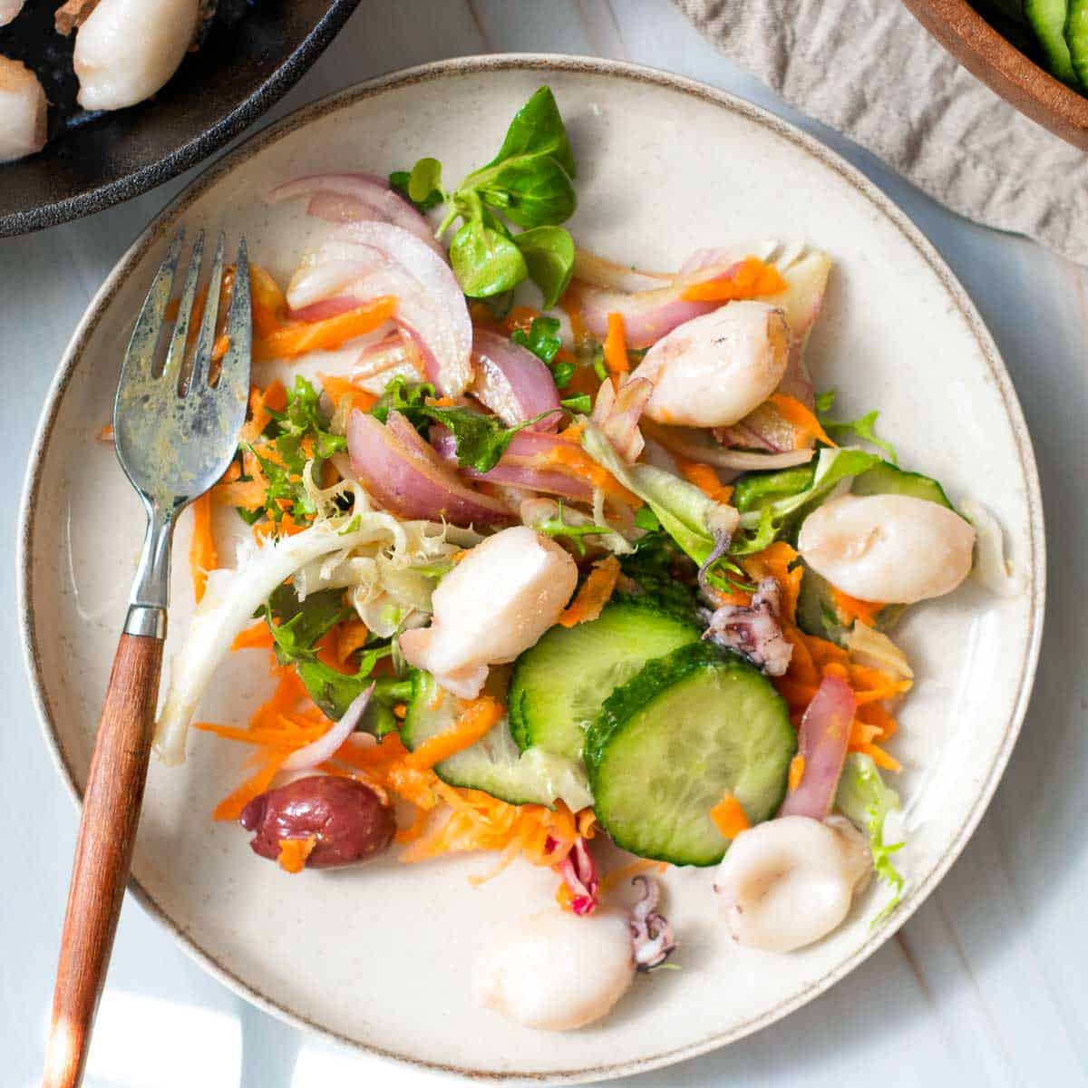 Calamari garden salad on a white serving plate.