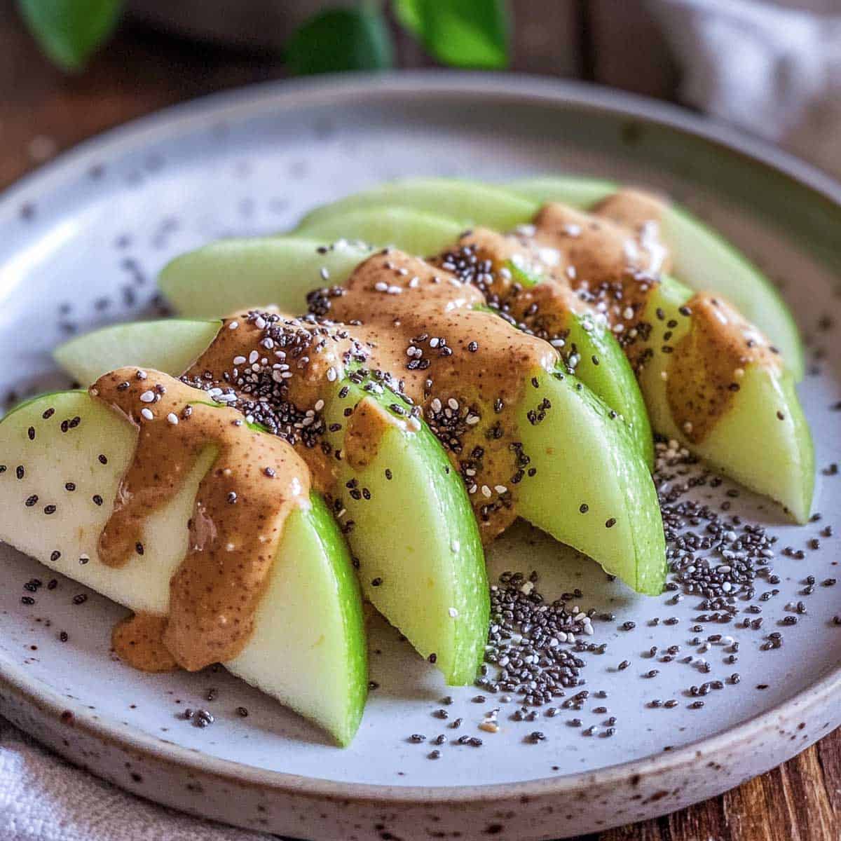 Green apple wedges on a serving plate topped with almond butter and chia seeds.