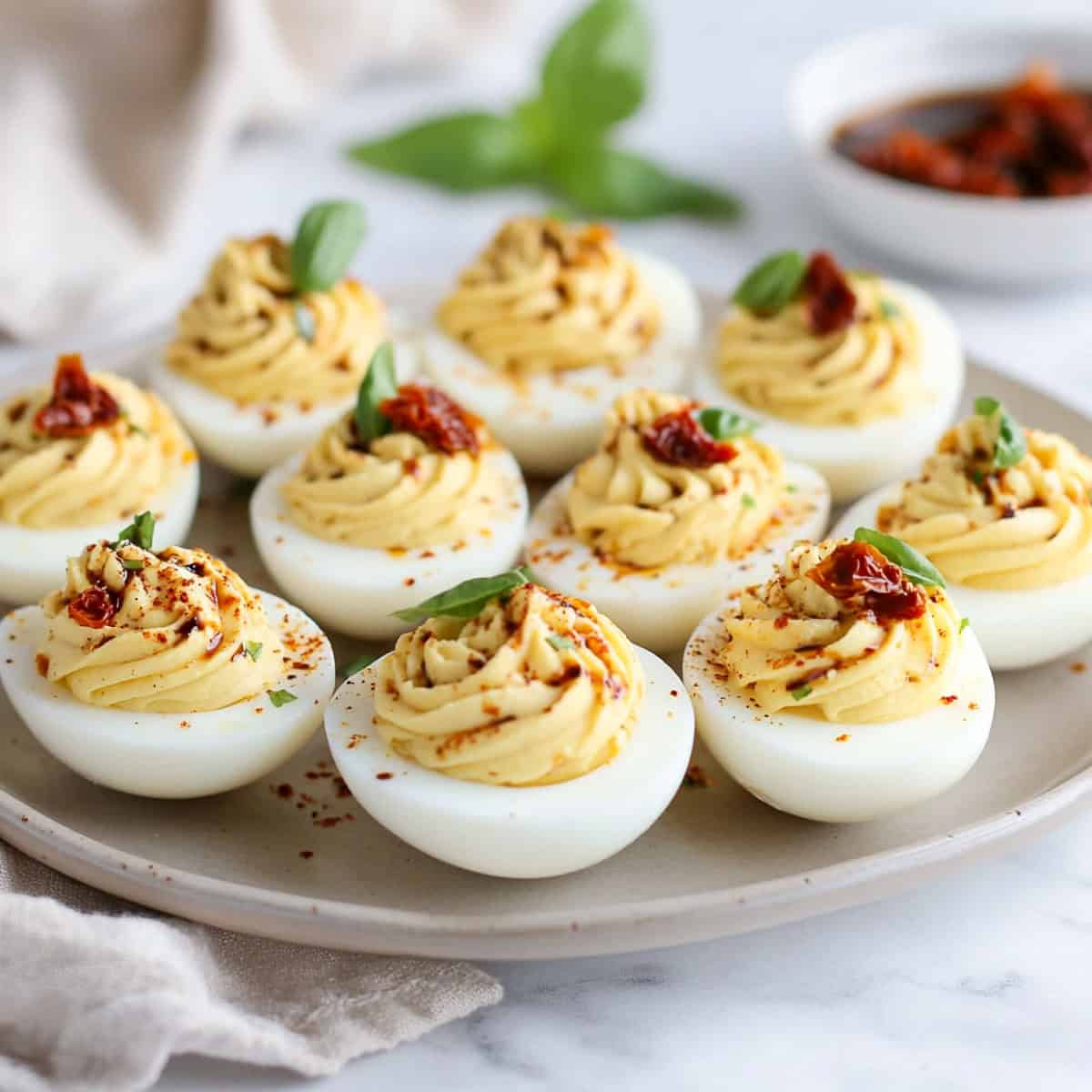 Italian deviled eggs topped with sun-dried tomatoes.