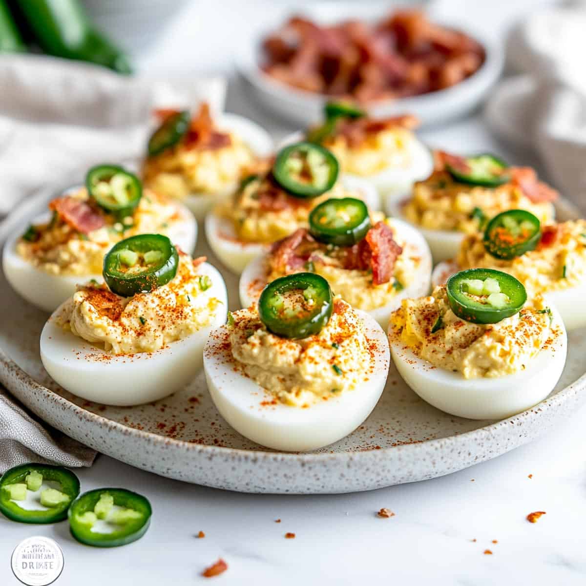 Side view of jalapeno popper deviled eggs.