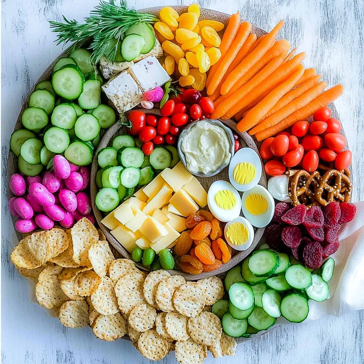 Kids snack board with eggs and veggies placed on a marble surface.