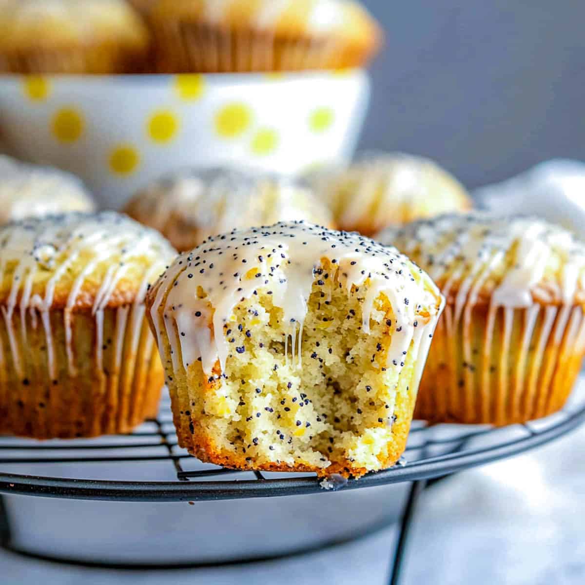 Lemon poppyseed cupcakes on a wire rack.