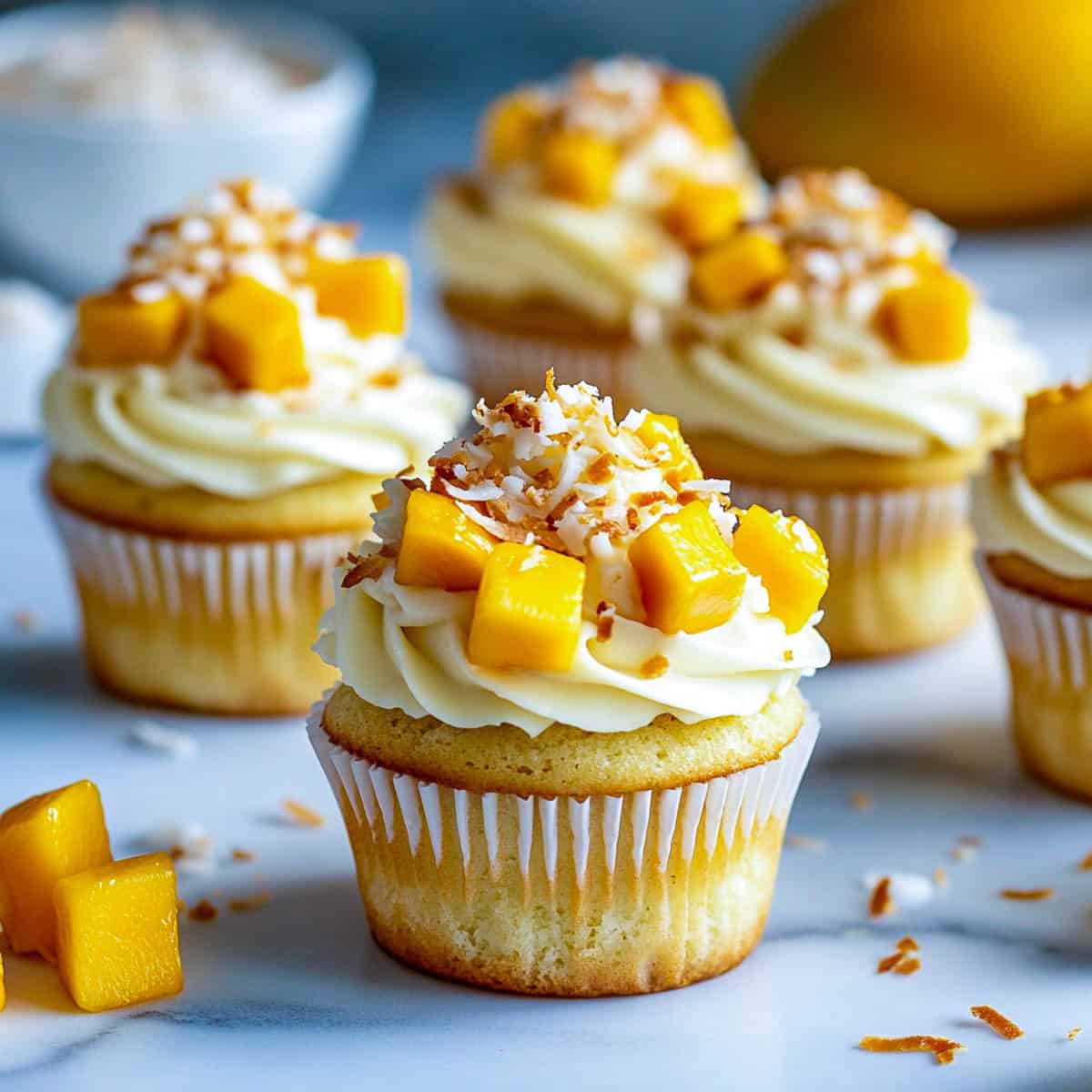 Mango coconut cupcakes with diced mangoes and a bowl of coconut in the background.