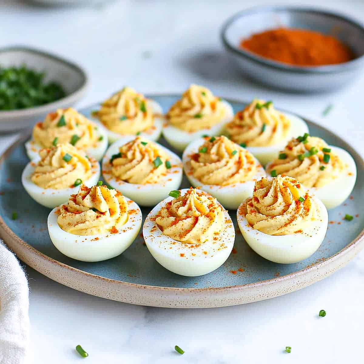 Side view of million dollor deviled eggs.