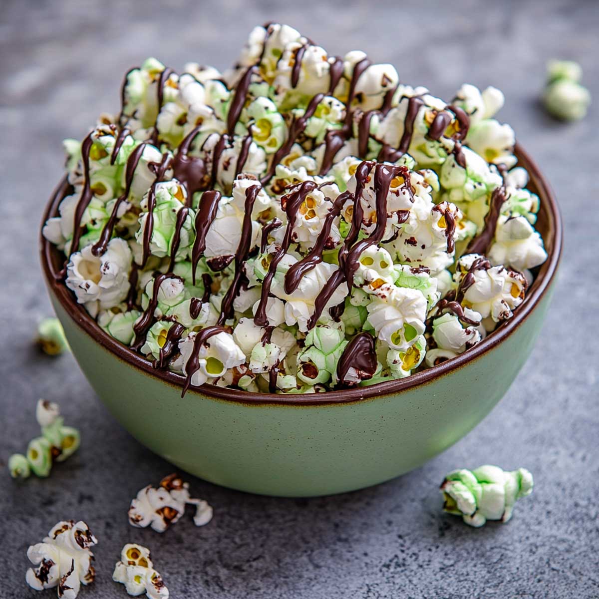 Mint chocolate popcorn in a green bowl.