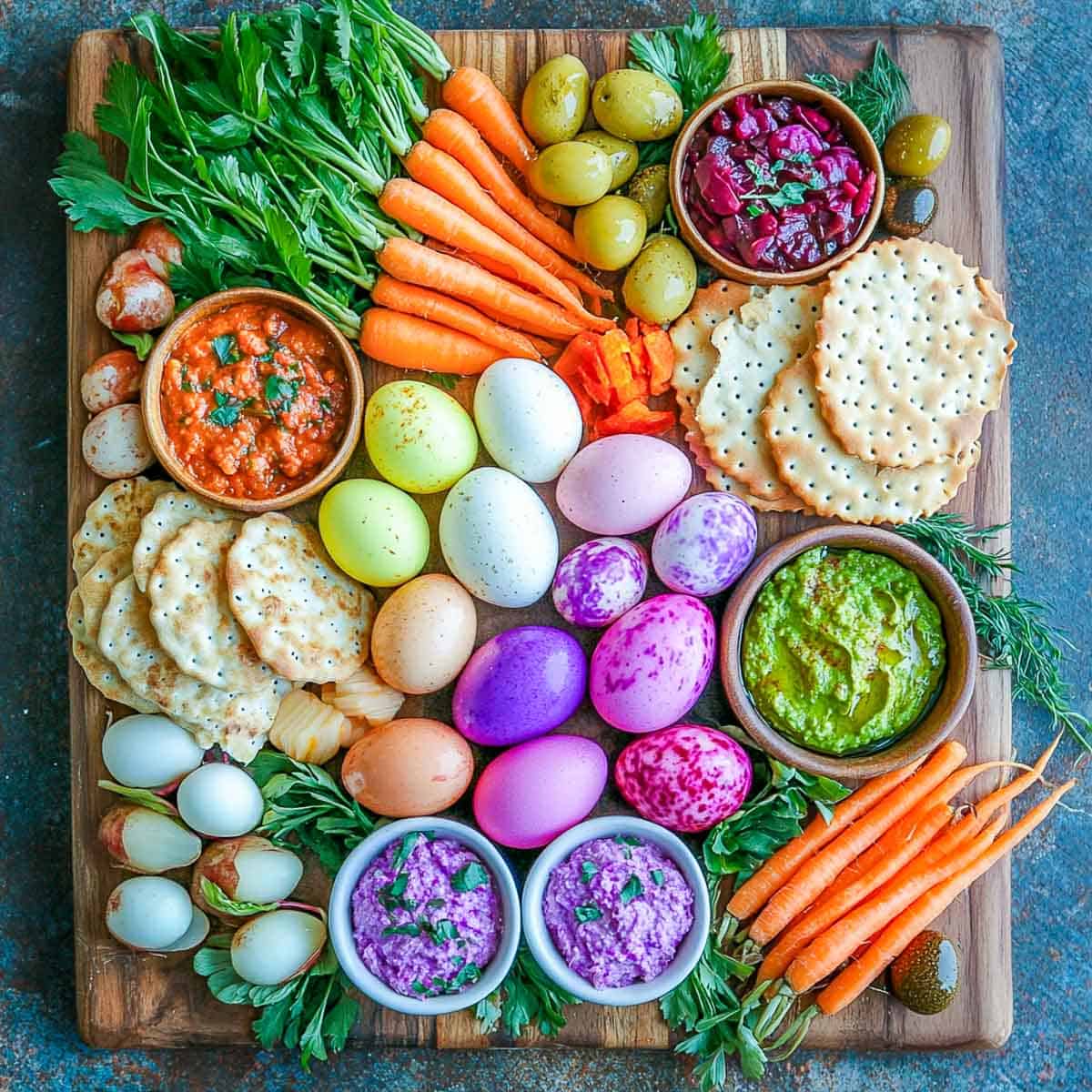 Naturally dyed eggs with dips.