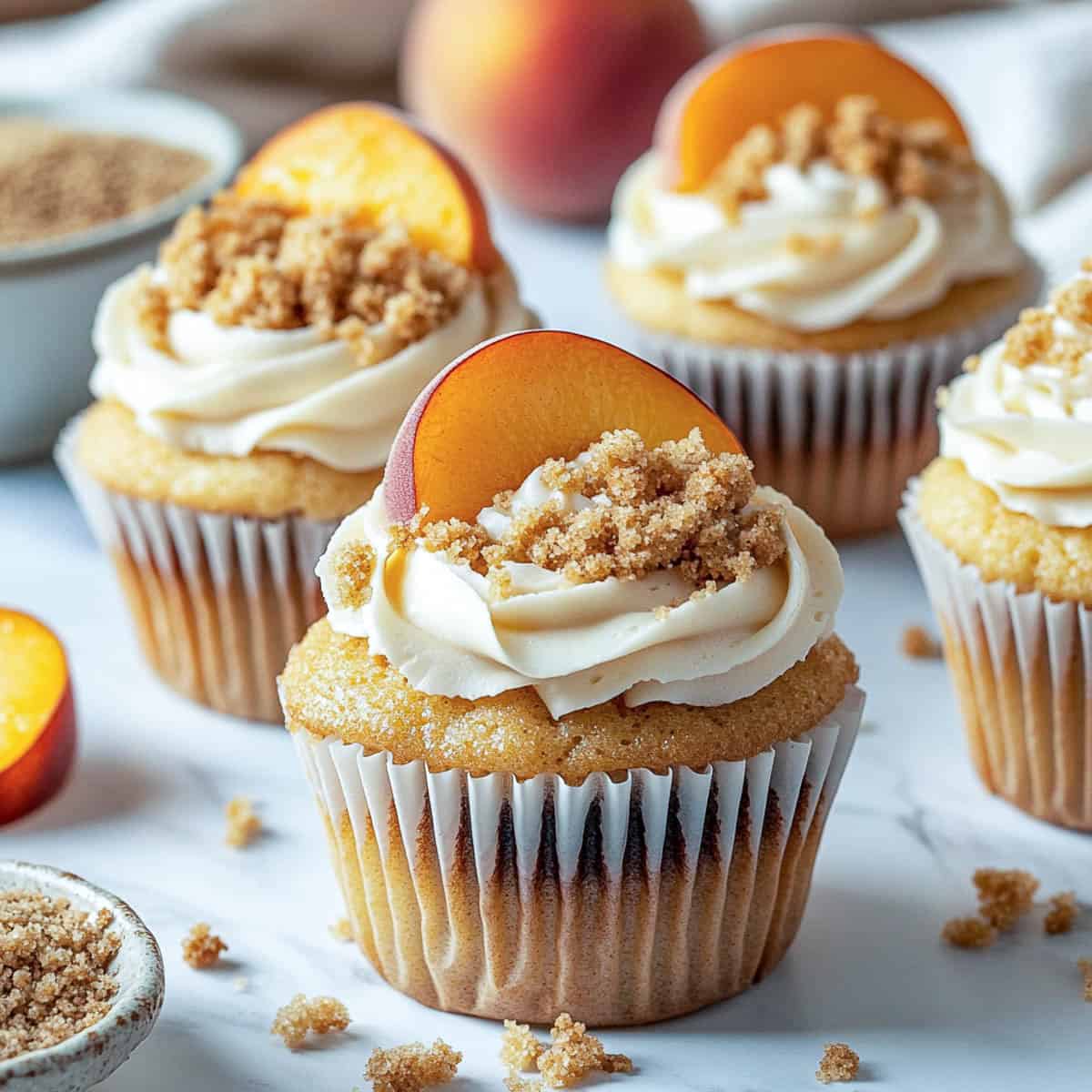 Peach and crumble cupcakes topped with peach slice and crumble.