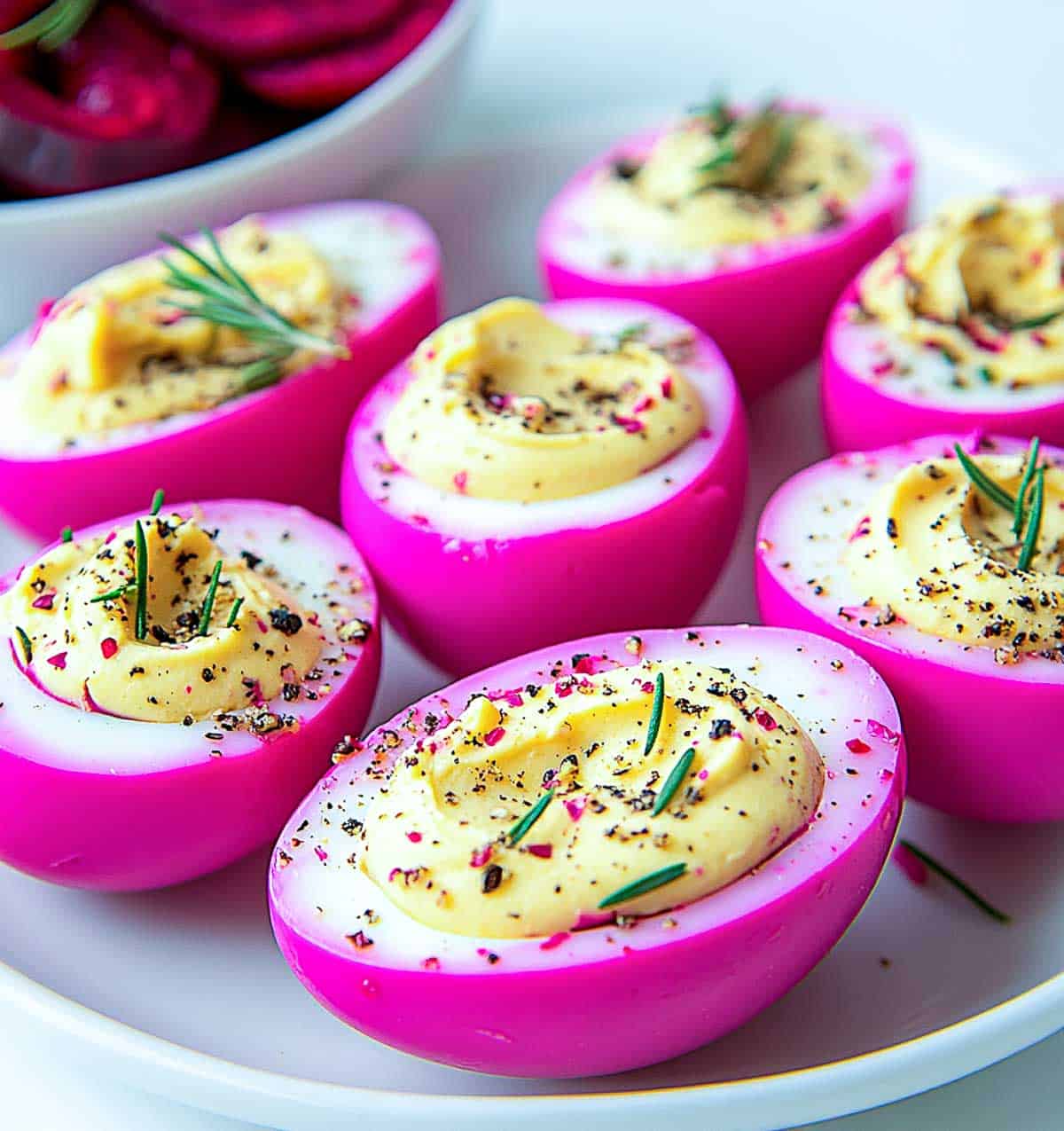 Pink deviled eggs with a bowl of beetroot in the background.