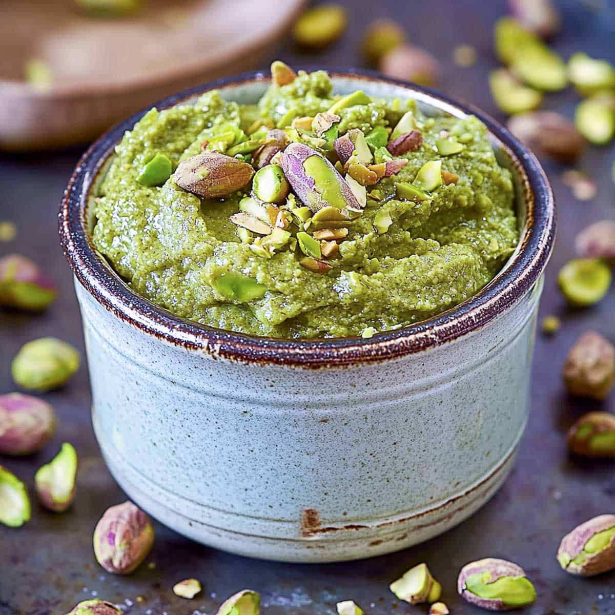 Pistachio paste in a white rustic jar placed on a black surface.