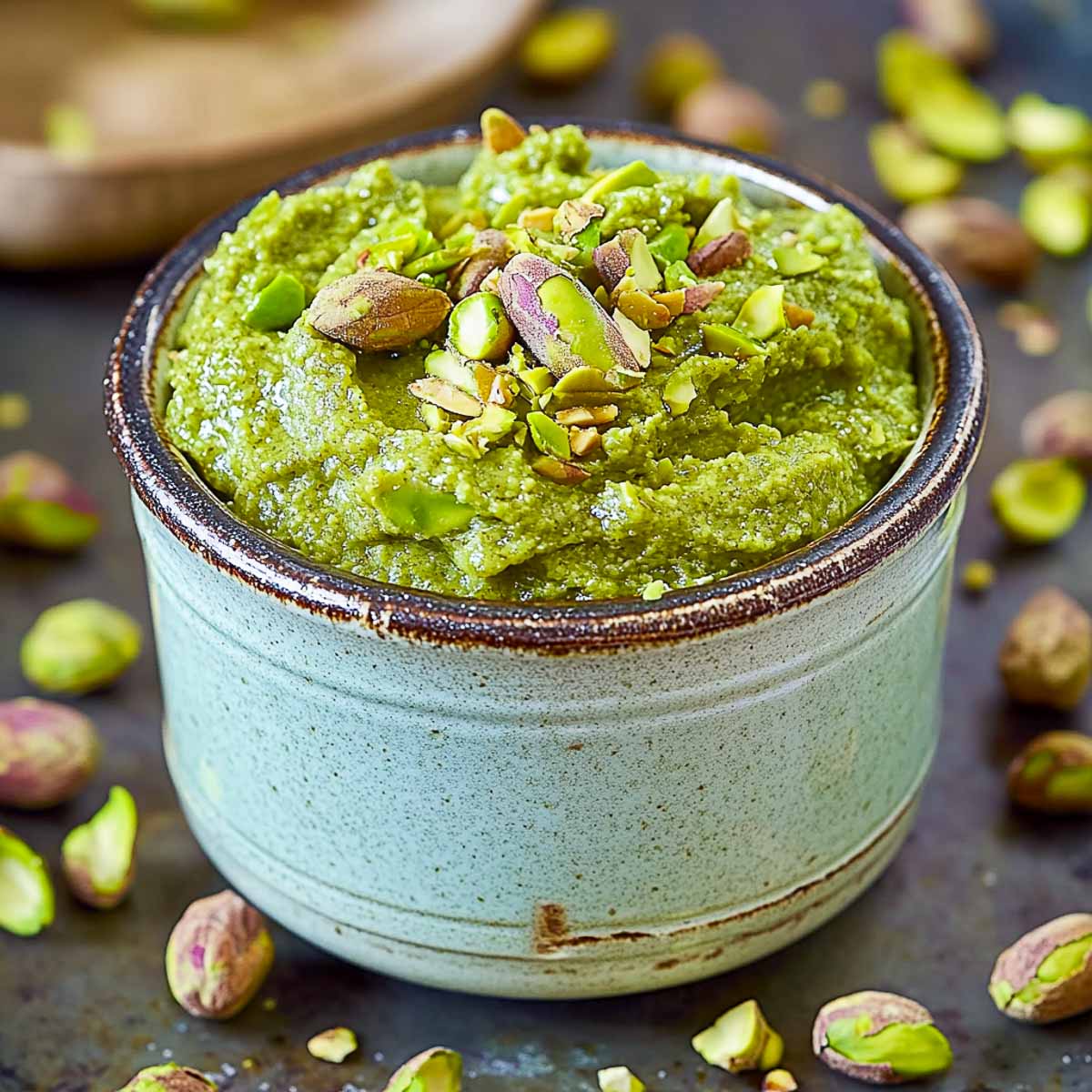 Pistachio paste in a rustic green bowl placed on a brown surface.