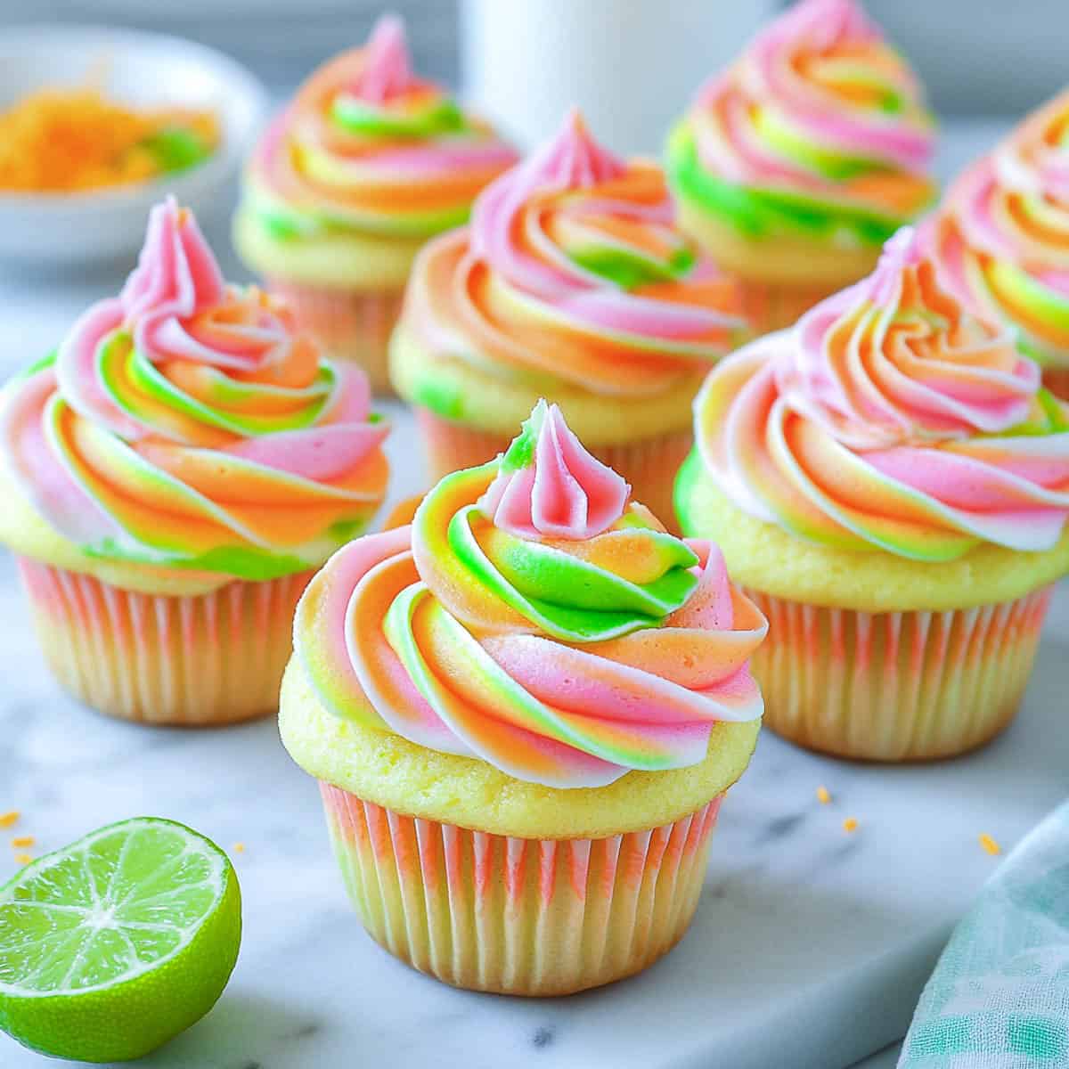 Rainbow sherbet cupcakes with a lime slice near them.