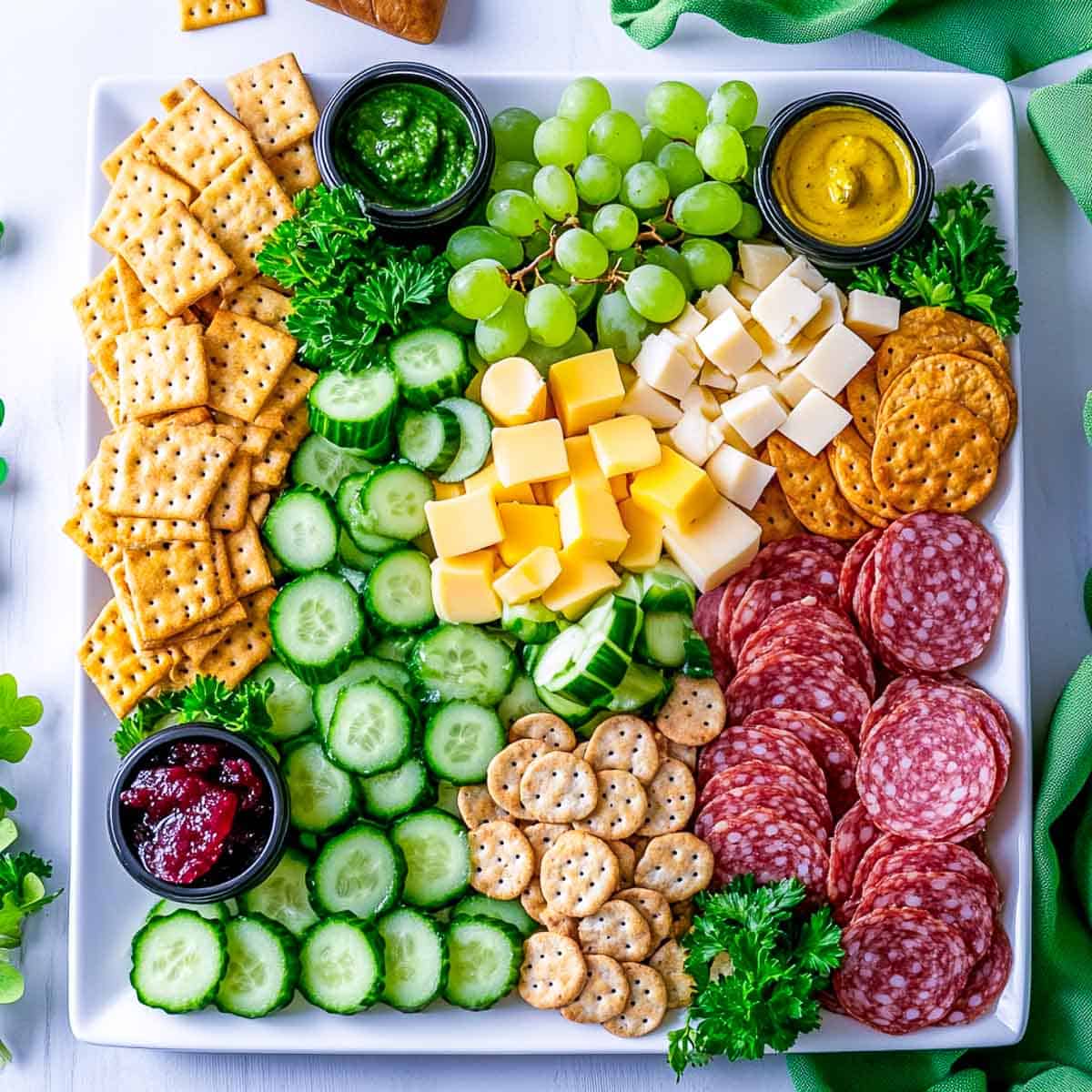 St Patrick's Day charcuterie board on a white marble surface.