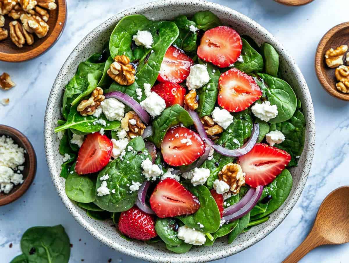 Strawberry spinach salad social media image.