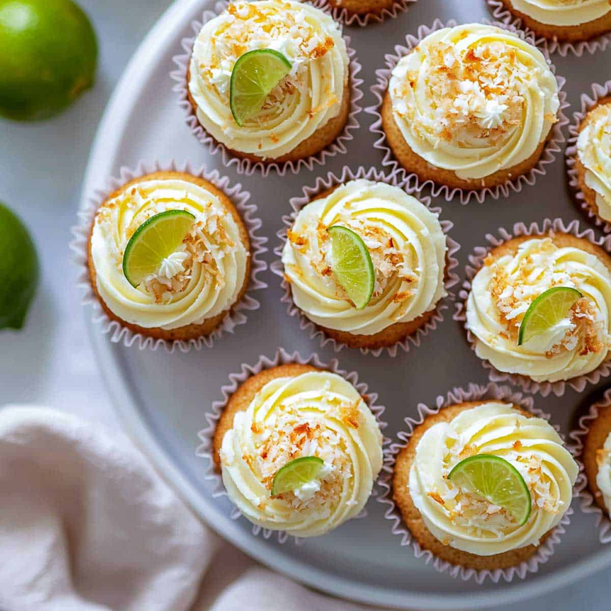 Top view of coconut and lime cupcakes placed in a cake stand.