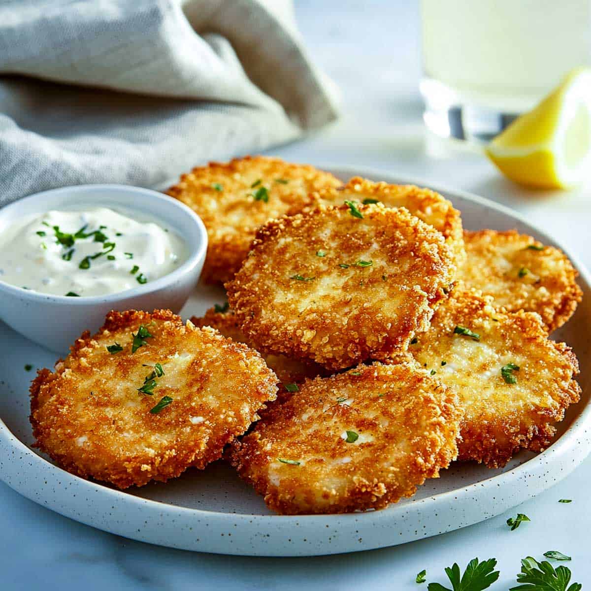 Tuna cottage cheese patties served with green onion dip.