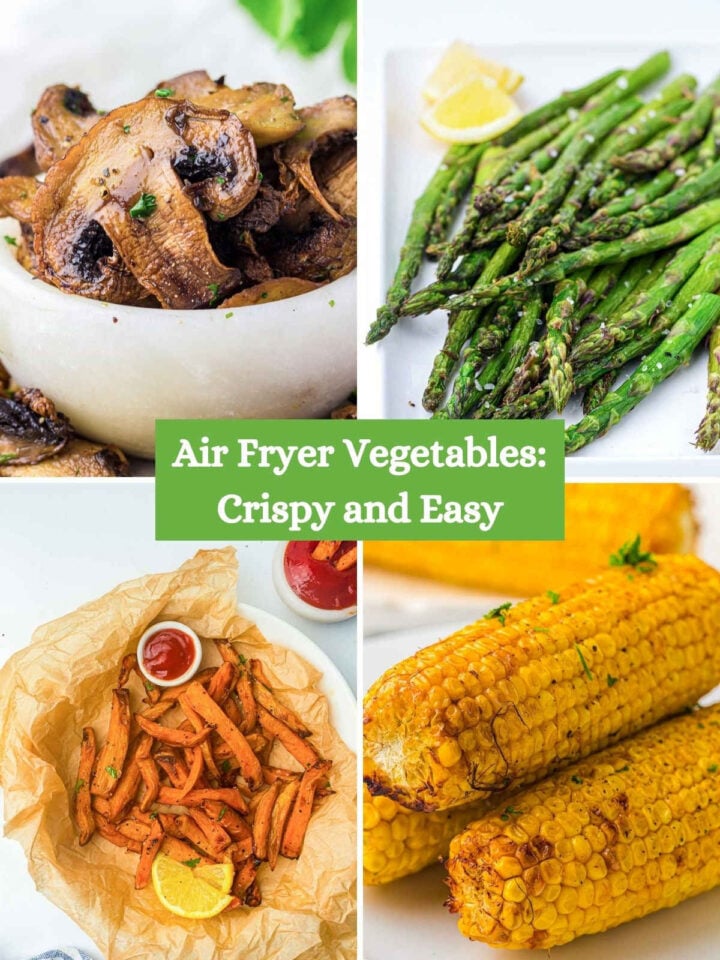 A four-picture collage of air fryer vegetables.