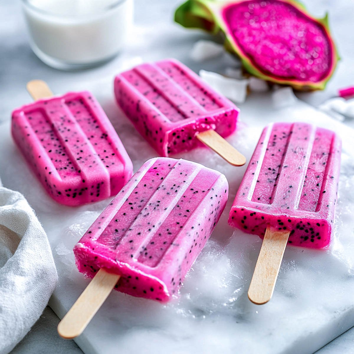 Bright pink dragon fruit popsicles on a bed of ice.