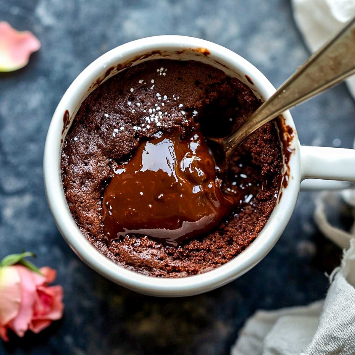 Molten lava protein mug cake on a grey surface.