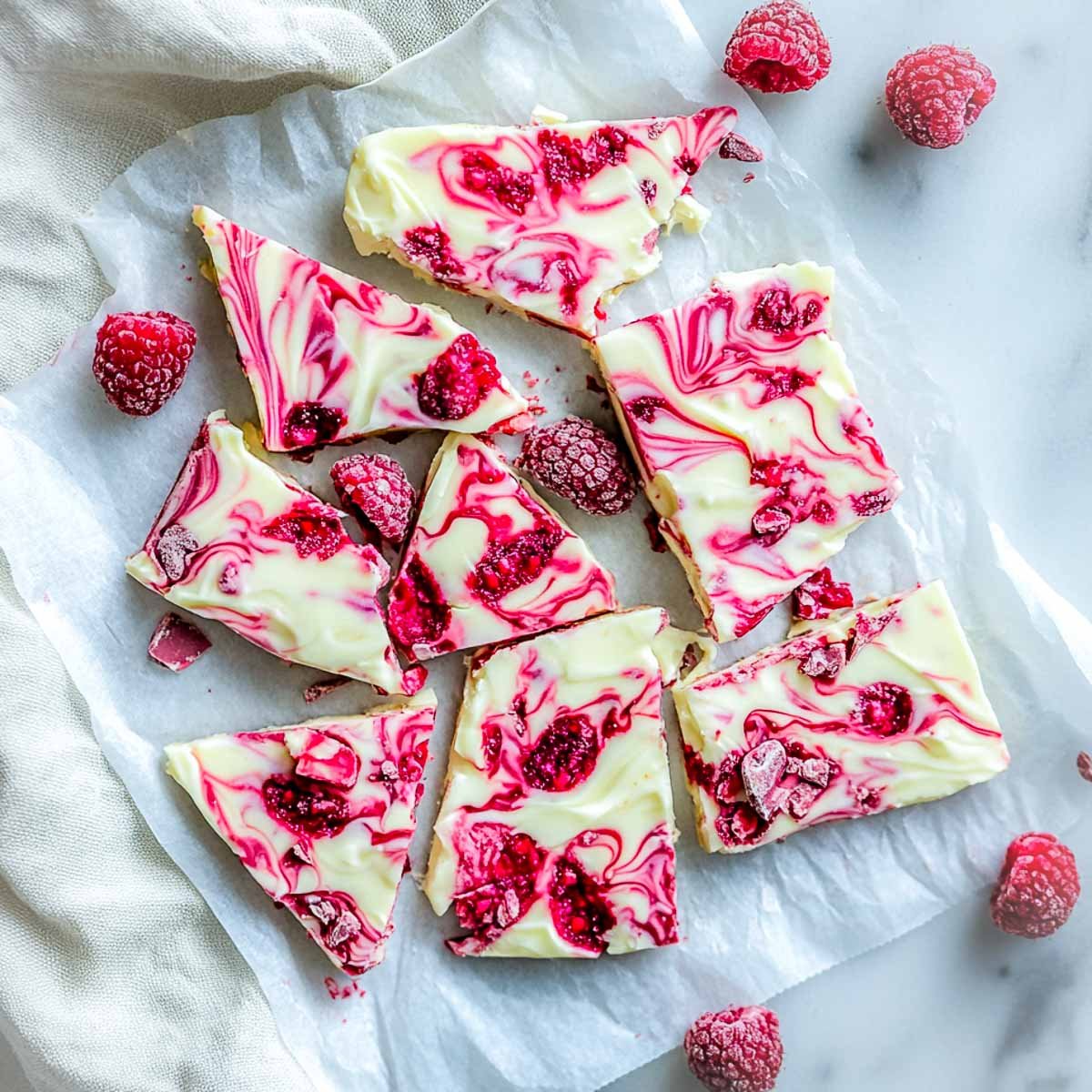 Raspberry white chocolate protein bark on a parchment paper placed on a white marble surface.