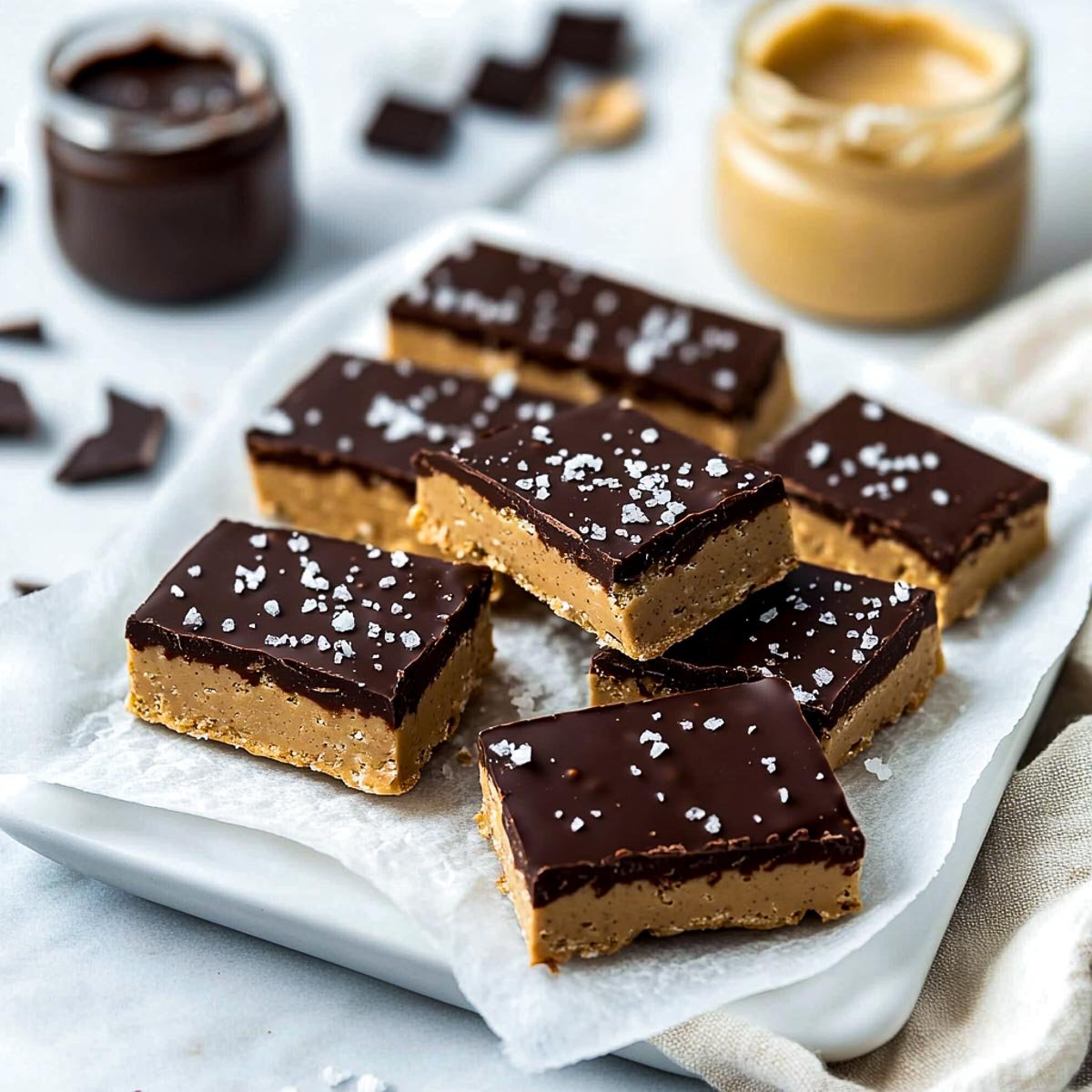 Tahini chocolate bars on a white serving plate.
