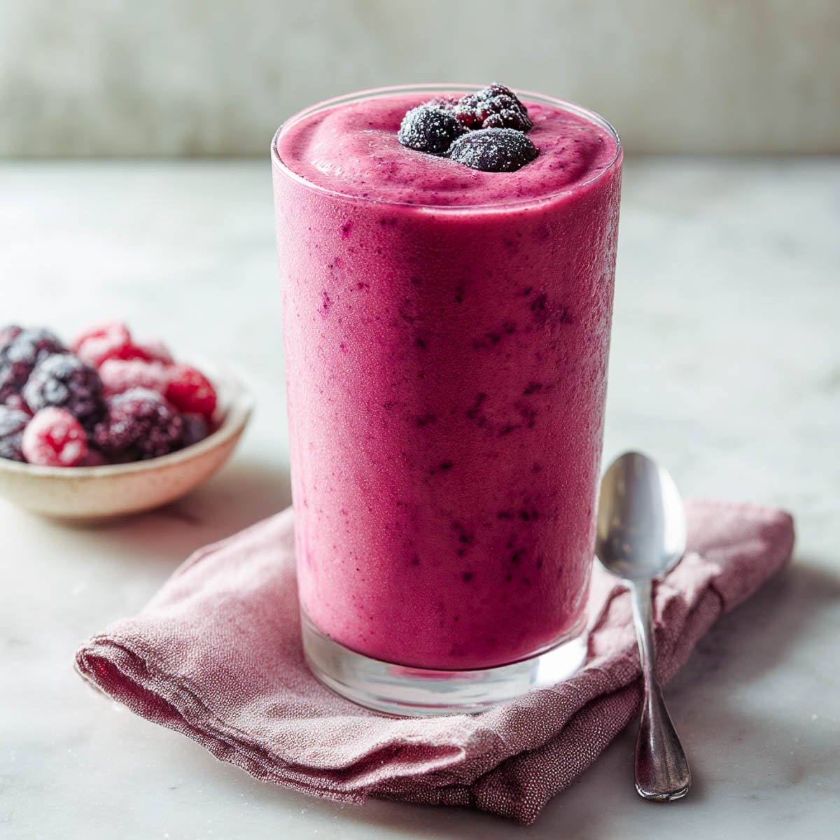 Thick berry smoothie in tall glass with frozen berries on top for low calorie high protein breakfast.