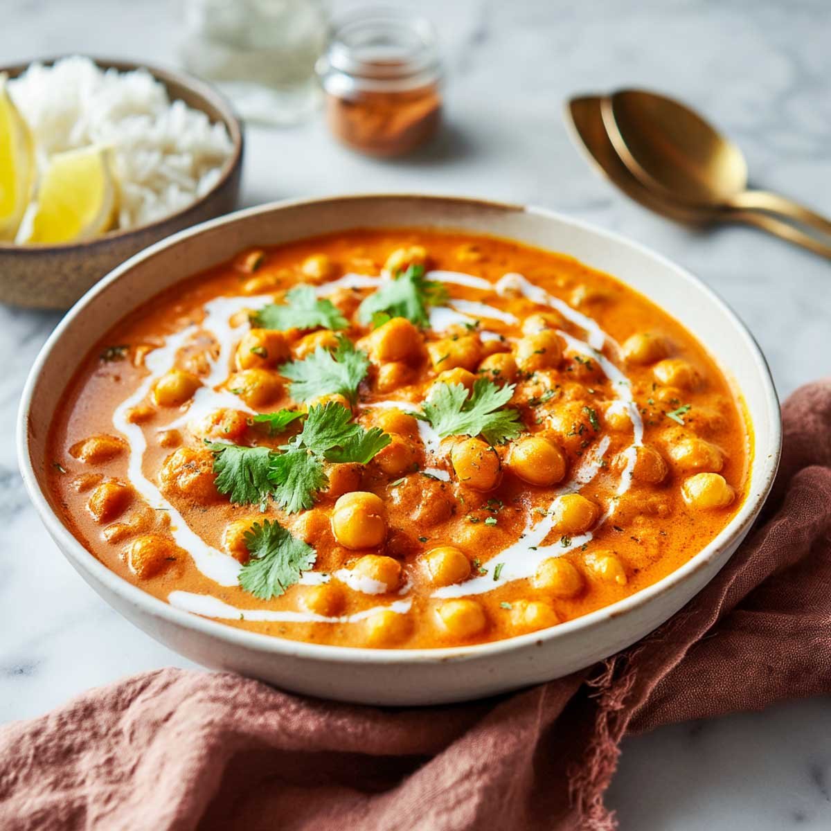 Side view of a creamy chickpea tikka masala garnished with cilantro and coconut swirl.