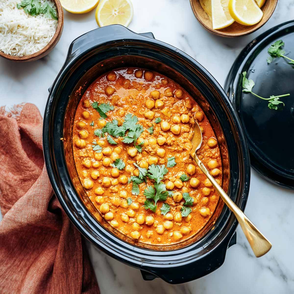 Chickpea tikka masala cooking in a black oval crockpot, topped with cilantro and surrounded by lemon slices and rice.