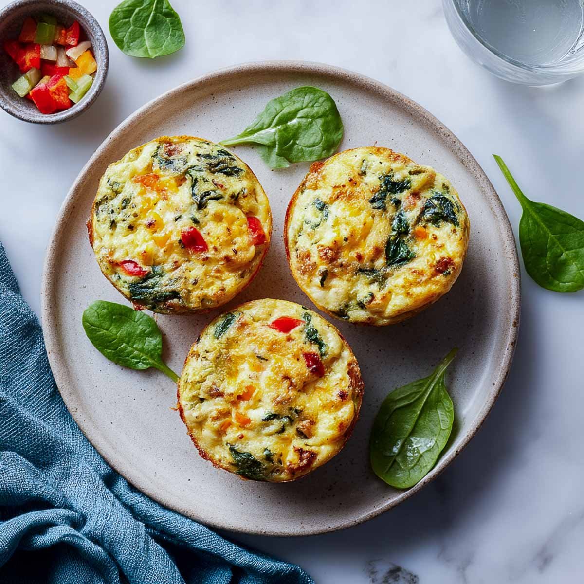 Three egg muffins with spinach and peppers on a ceramic plate.