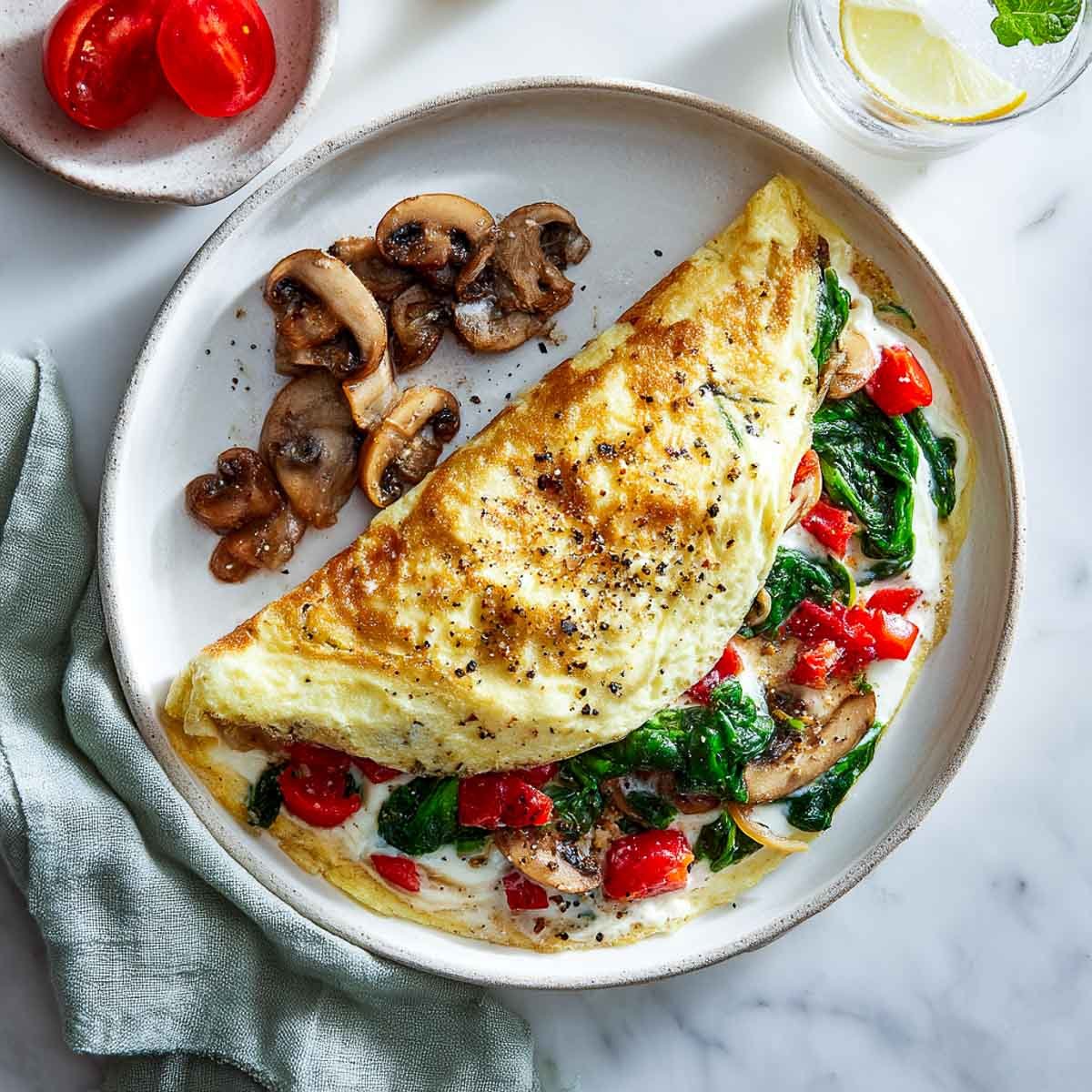 Fluffy egg white omelet filled with spinach, mushrooms, and diced tomatoes.