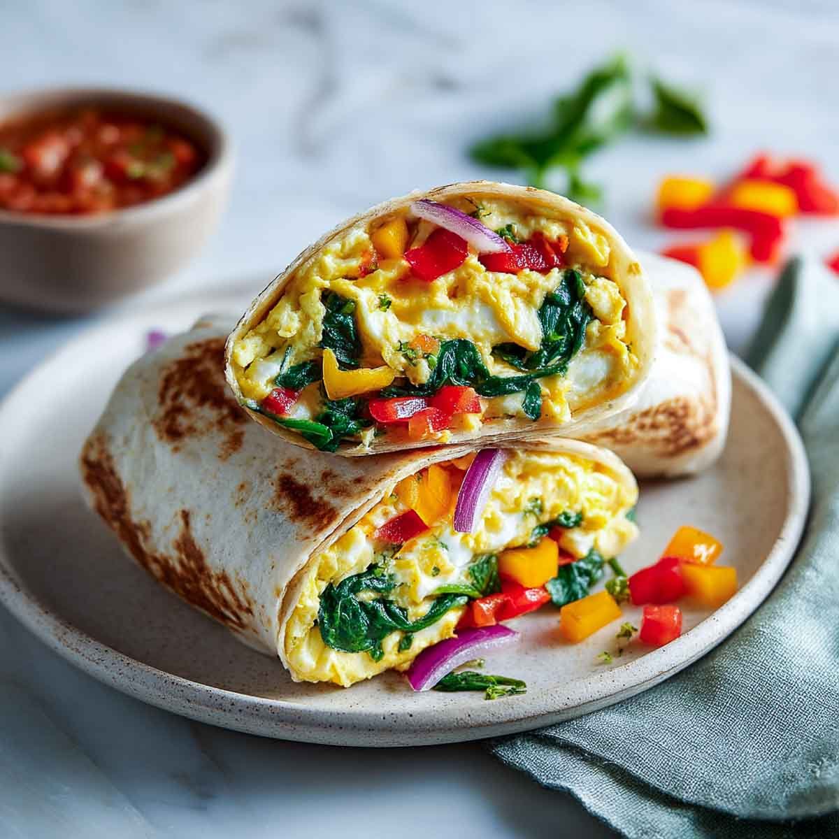 Sliced egg white breakfast burrito with spinach, peppers, and red onion for low calorie high protein breakfast.