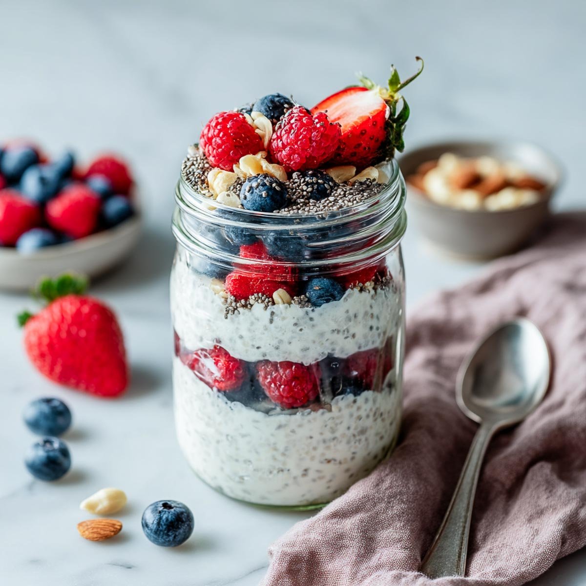 Side view of Greek yogurt parfait layered with berries, chia, and nuts.