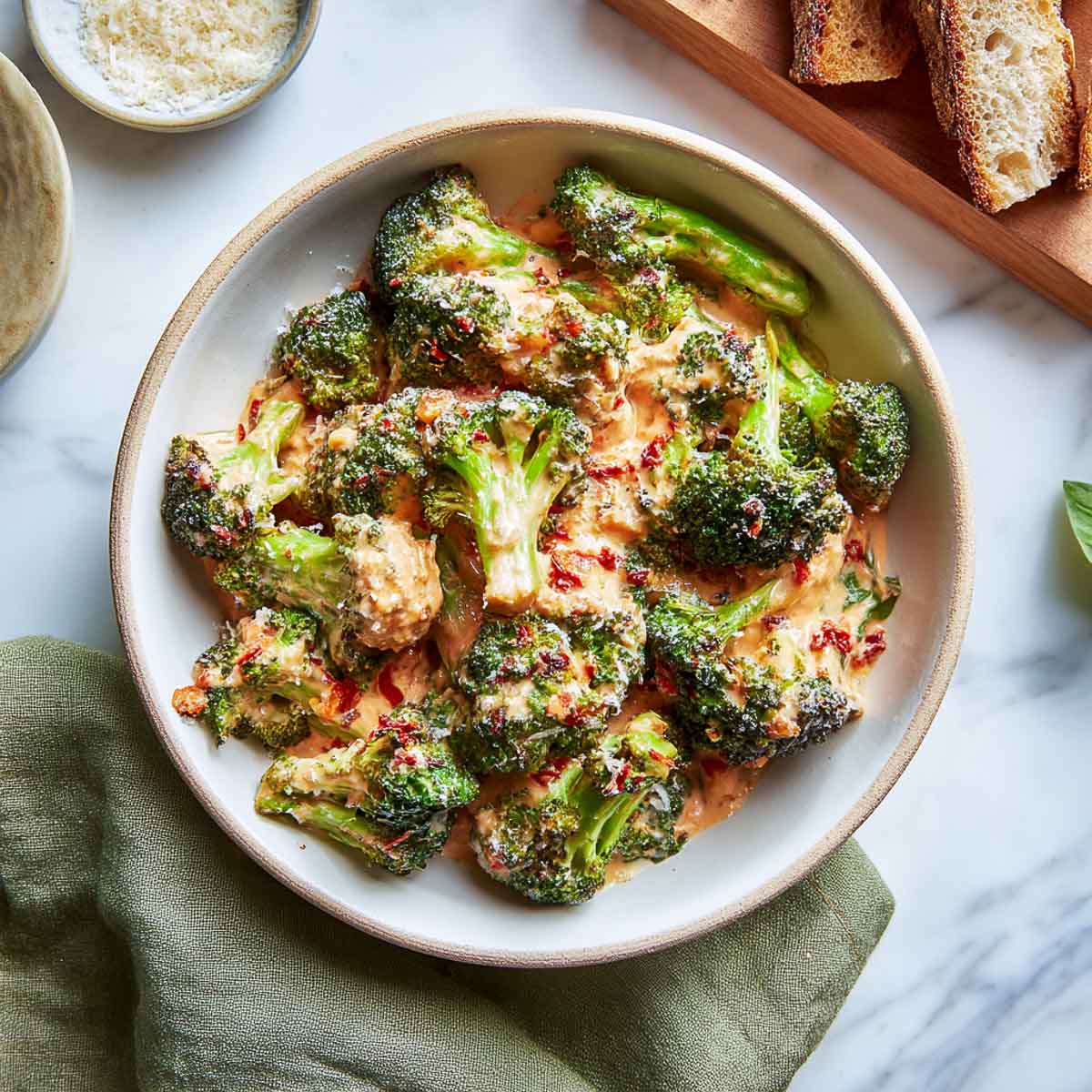 Roasted broccoli coated in creamy sun-dried tomato sauce with crusty bread.