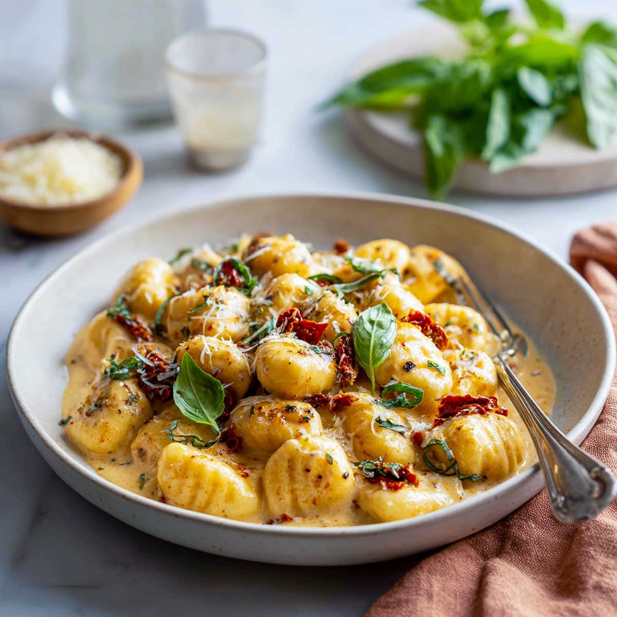 Creamy Marry Me Gnocchi with basil, sun-dried tomatoes, and parmesan.