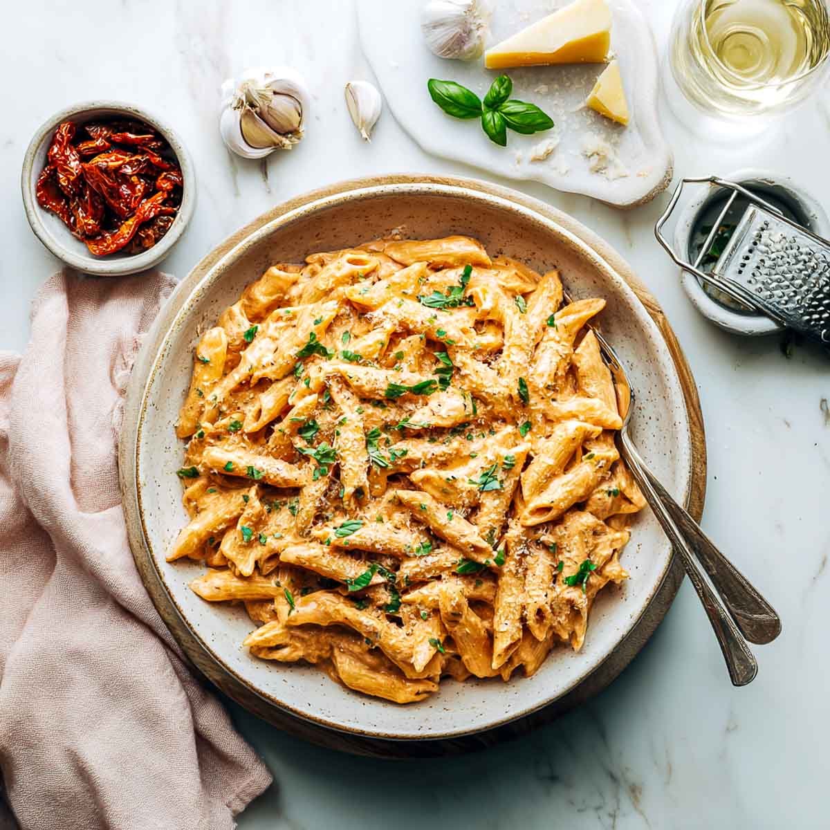 Creamy Marry Me Pasta with penne, parmesan, garlic, and basil garnish.
