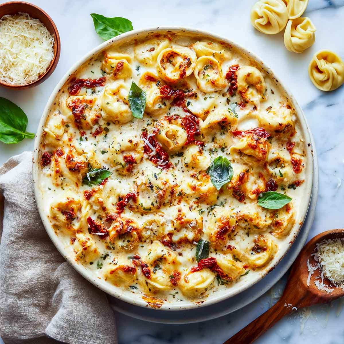 Cheesy tortellini baked in creamy tomato parmesan sauce with basil garnish.