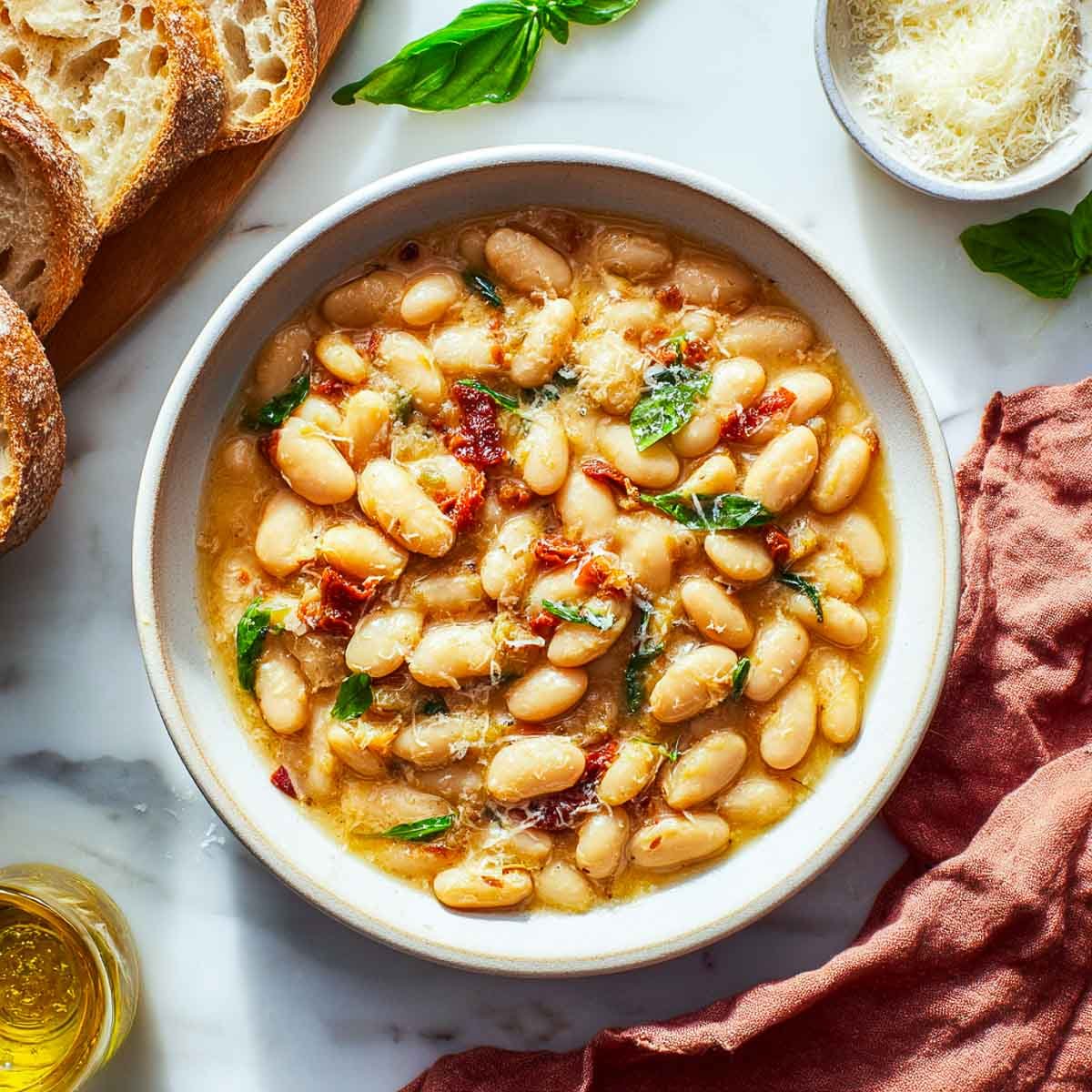 White beans in creamy tomato garlic sauce with basil and bread.
