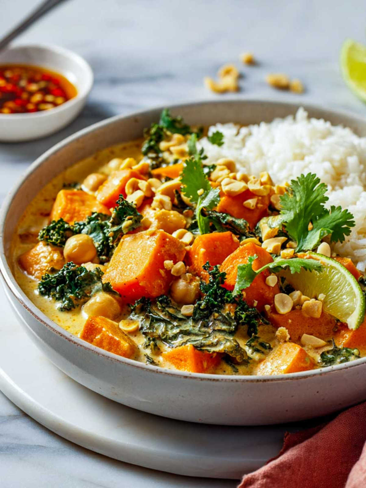 Close-up of Thai peanut stew in a shallow bowl with rice, cilantro, and lime slice.