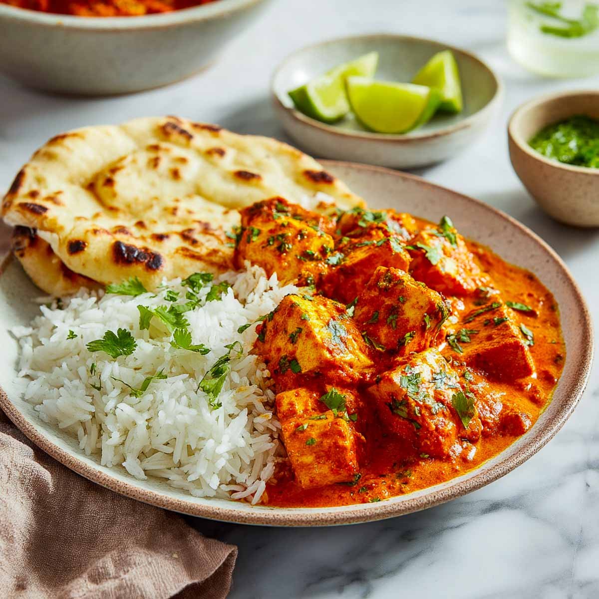 Plate of tofu tikka masala with rice, naan, and lime wedges in a cozy table setting.