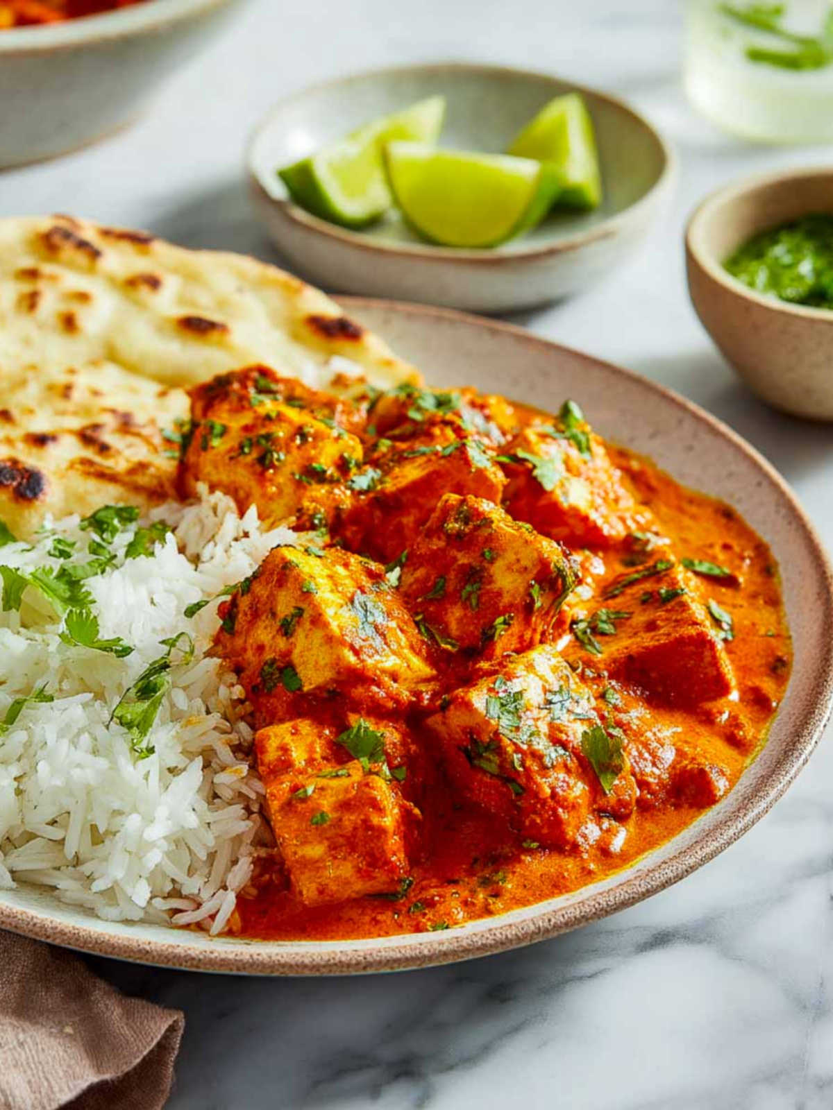 Close-up of tofu tikka masala with fluffy rice and naan on a speckled ceramic plate.
