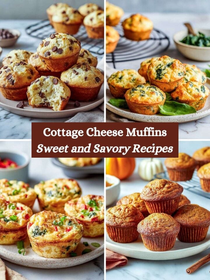 A four-image collage of varieties of cottage cheese muffins.