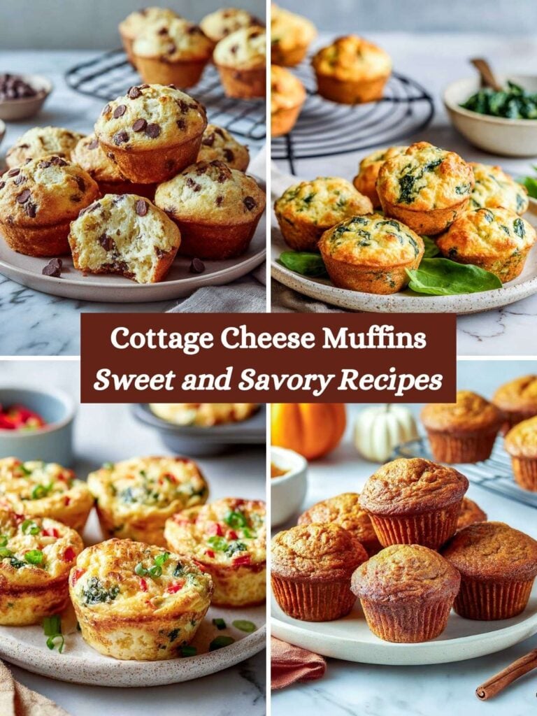 A four-image collage of varieties of cottage cheese muffins.