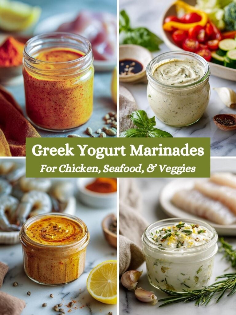 A four-image collage of various Greek yogurt marinades.