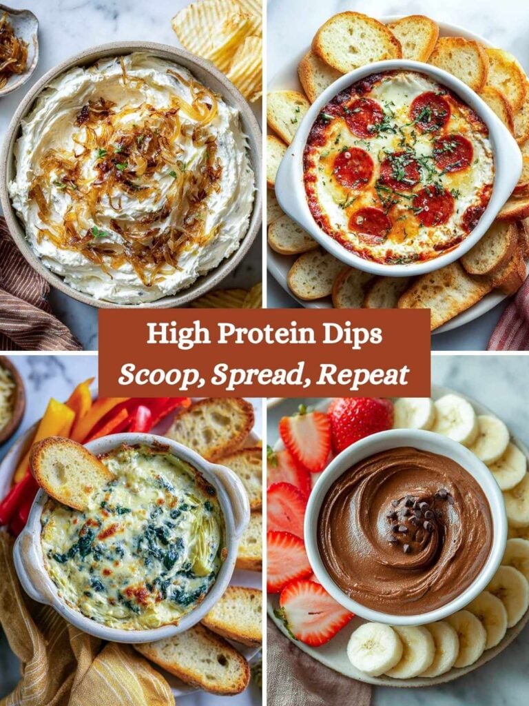 Flatlay of different homemade dips in bowls with textured toppings and scooping sides.