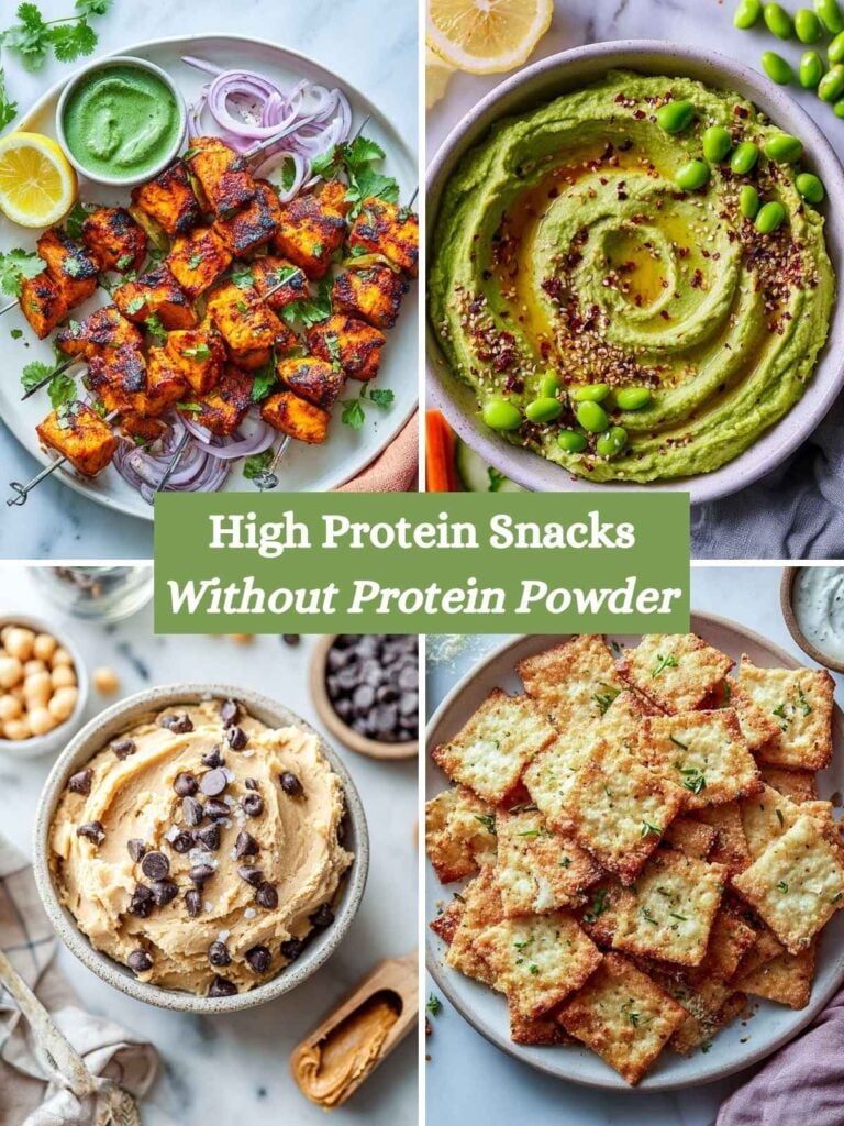 A four-image collage of high protein snacks.