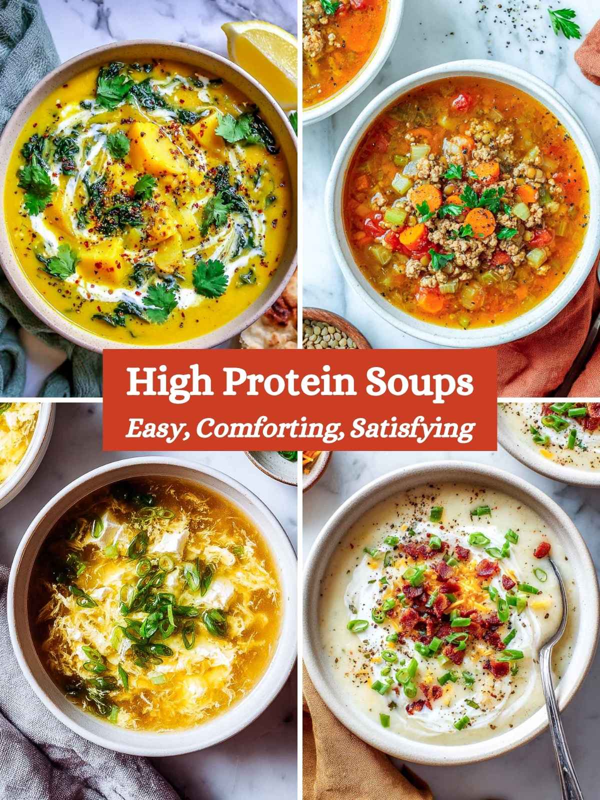 A four-image collage of high protein soups.