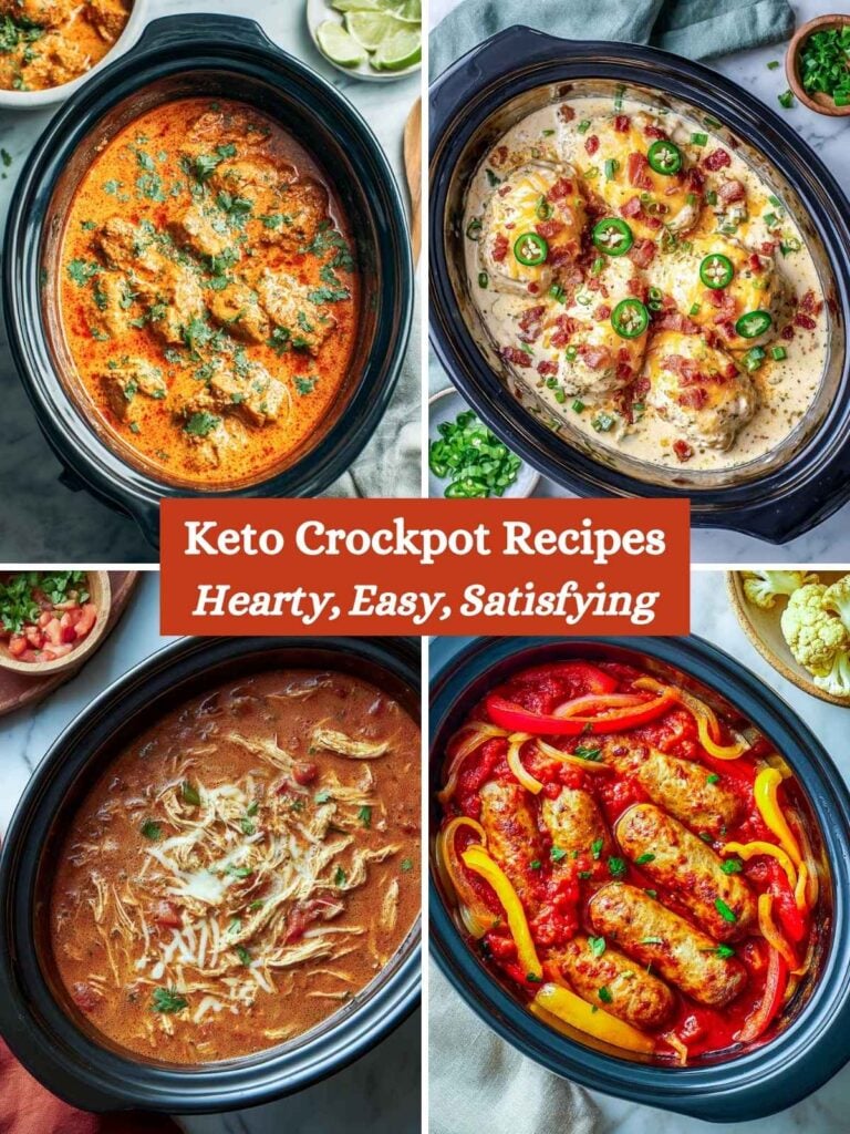 A four-image collage of keto crockpot recipes.